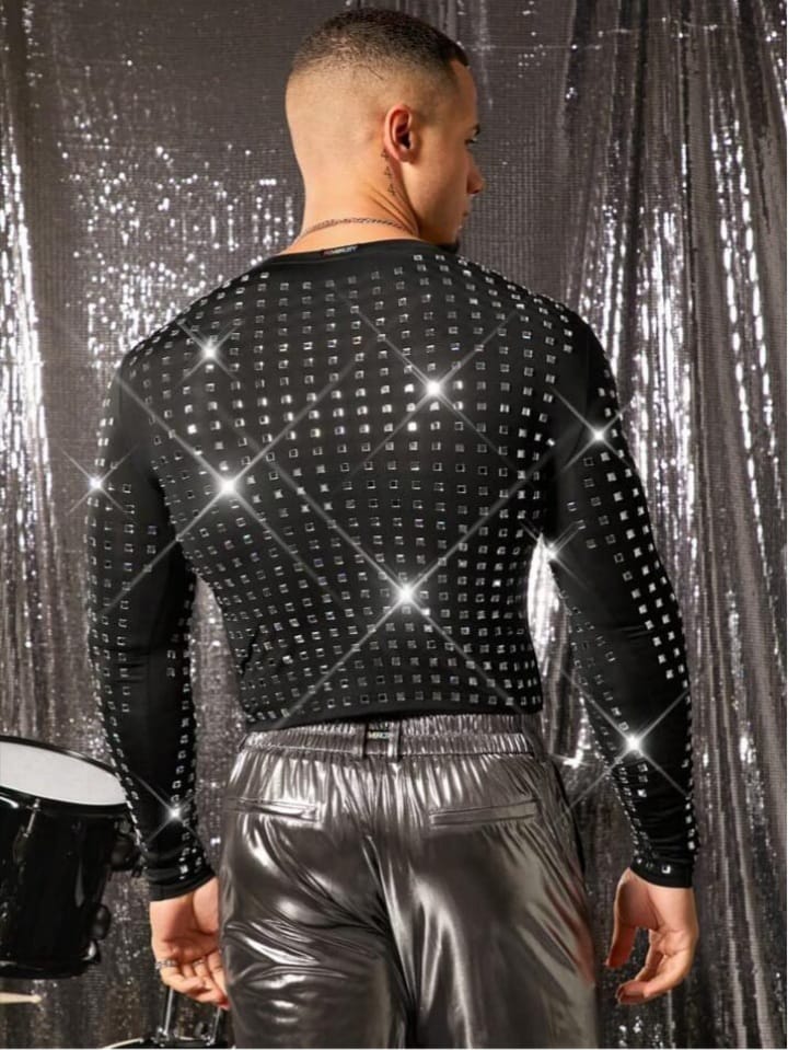 Men's Rhinestone Decorated Tight Fit Crew Neck Long Sleeve T - Shirt